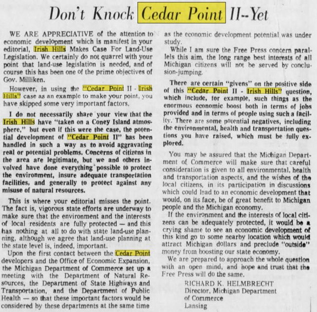 Cedar Point II, Irish Hills Amusement Park, Kingdom of Adventure, Little Michigan - Irish Hills Aug 14 1974 Article